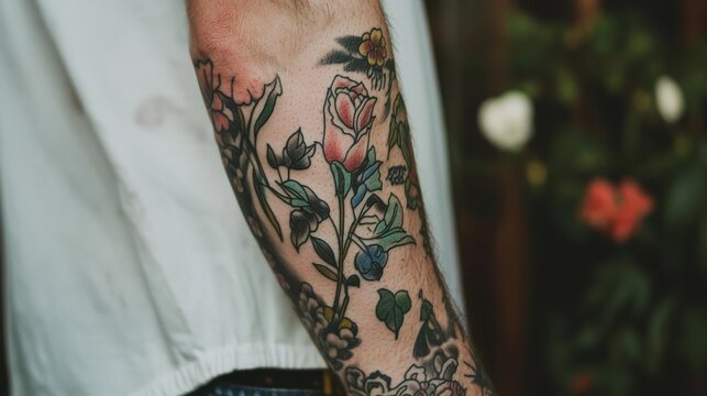 Close-up of a person's arm with a tattoo on it. the tattoo is of a rose with green leaves and blue flowers. the rose is in full bloom with its petals open and its stem and leaves extending outwards.