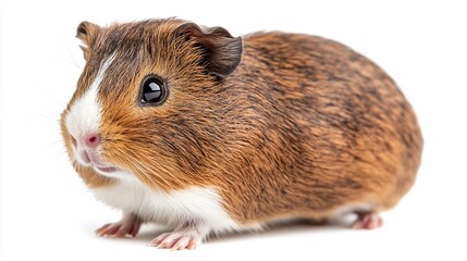 Brown guinea pig sits on a white background. Possible pet care or animal study