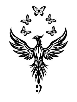 Black vector drawing of a Phoenix Rising Symbol Bird, three butterflies above and a semi colon below. Depression awareness symbolizing to overcome, rise above and concur