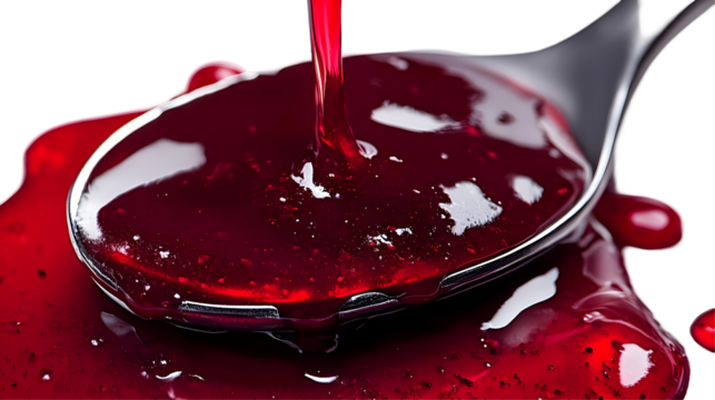 Red Jelly Pours onto Spoon, Isolated on White Background