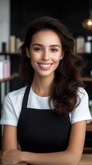 Young woman in black apron smiling confidently in modern café setting with warm lighting and rustic decor