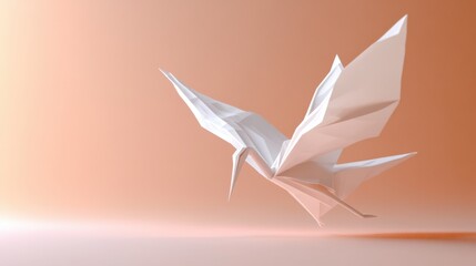 Elegant white origami crane flying against a soft peach background, showcasing artistic paper folding with delicate details and graceful lines
