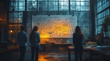 Three women reviewing a large whiteboard project plan in a modern industrial office space.