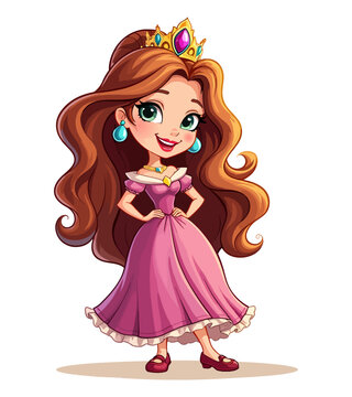 recommend clip art: A cute cartoon princess wearing a pink dress with long brown hair and a crown on her head.
