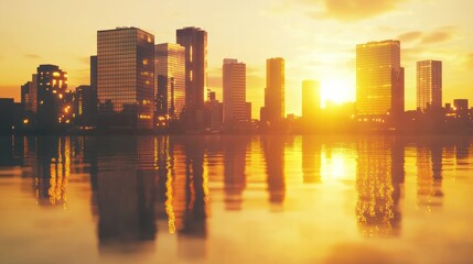 Fototapeta premium Golden sunset over city skyline reflected in calm water.