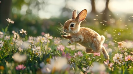 Fototapeta premium Adorable brown bunny rabbit leaping playfully in a vibrant spring meadow filled with wildflowers.