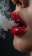 Woman with Red Lips Exhaling White Smoke in a Close-Up