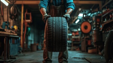 Mechanic lifting a tire in a garage.
