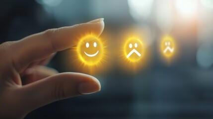 A hand holds glowing emoticons representing happiness and sadness, symbolizing emotions and choices in a bright, modern setting.