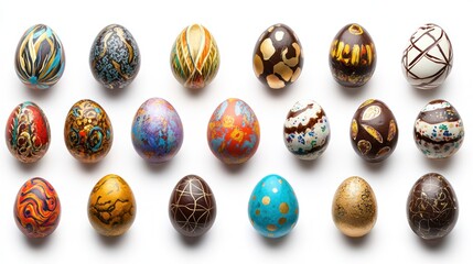 An array of elegantly decorated eggs on a white background