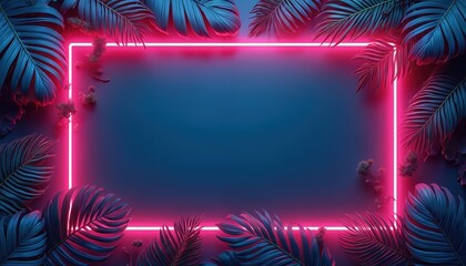 Neon frame with tropical blue foliage. Vibrant pink neon rectangle, dark night. Exotic jungle leaves, futuristic design. Electric paradise background for party, fashion, summer design, space for text.