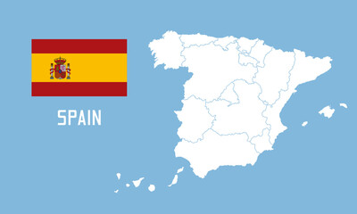 Spain map. Vector Spain map with Spain flag isolated on blue background.	
