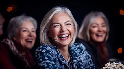 Joyful and Lively Group of Senior Women Laughing Together in a Social Gathering with Warm Lighting