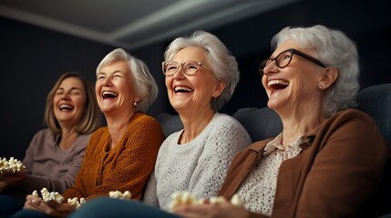Joyful Group of Senior Women Enjoying Adventure Movie Night with Popcorn and Laughter in Cozy Living Room Setting