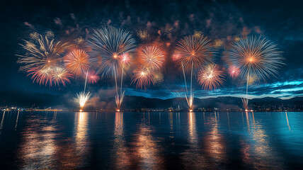 Fototapeta premium 海上に映る打ち上げ花火と波しぶきが織りなす幻想的な光景