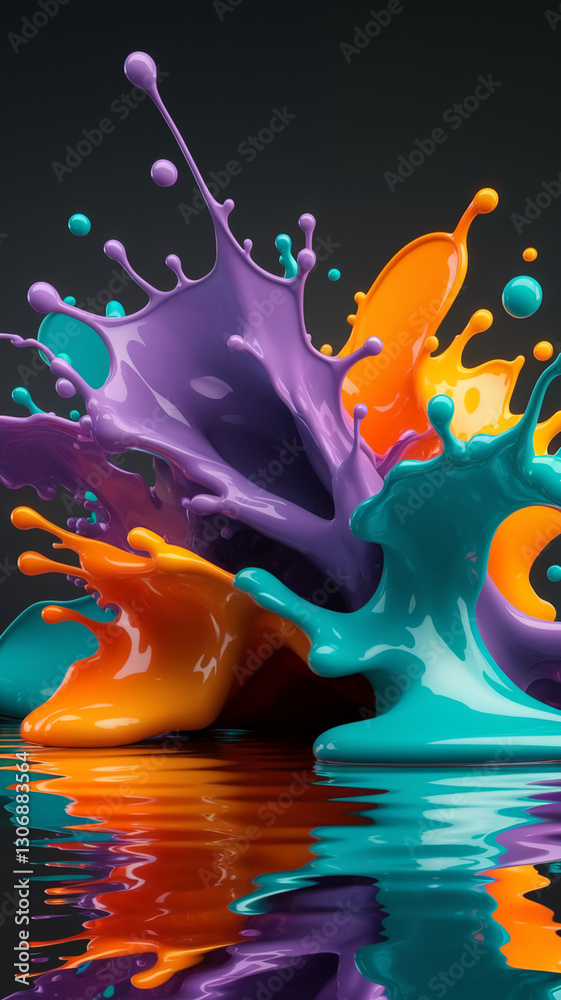 Poster vibrant orange, purple, and teal paint splashes create a dynamic, abstract composition. the glossy t