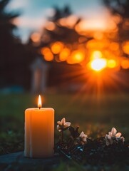 Burning white memorial candle burning in the foreground