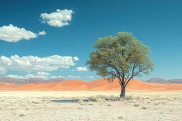 Lone tree standing in a vast desert landscape