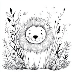 cute kawaii lion, with minimalist floral background, vector, line drawing, hand drawn, coloring book page, black and white only, no gray