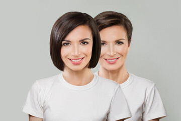 Positive young model woman and mature woman. Two female faces collage set.