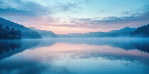 Obraz premium A peaceful lakeside at dawn, the water like glass reflecting the pastel hues of the sky as morning mist drifts over the surface