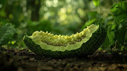 Fototapeta premium Halved melon on ground, seeds visible, green foliage background.