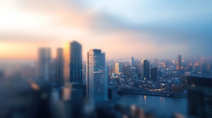 Blurred cityscape at sunrise.