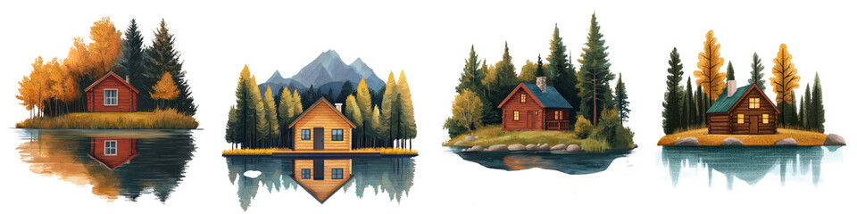 Obraz premium Charming wooden cabins reflected in the calm waters of a serene lakeside landscape surrounded by an autumnal forest and towering mountain peaks in the distance A picturesque rustic