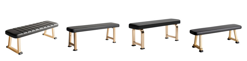 Assortment of Modern Minimalist Benches with Wooden and Metal Frames in Black Gold and Gray Tones Suitable for Elegant Lobby Seating Reception Areas and Waiting Spaces in Corporate Business