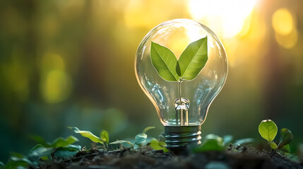 Green leaves growing inside a light bulb