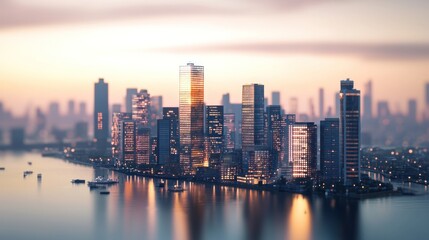 Fototapeta premium Cityscape at sunrise, urban skyline reflected in water.