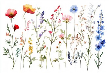 Charming watercolor wildflower assortment for fall celebrations and home decor. Ideal for invitations, greeting cards, apparel prints, backgrounds, and distinctive wrapping ideas