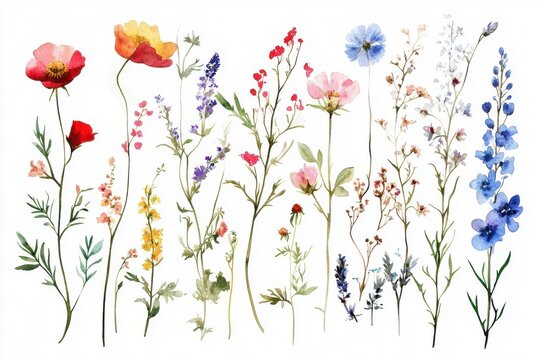 Charming watercolor wildflower assortment for fall celebrations and home decor. Ideal for invitations, greeting cards, apparel prints, backgrounds, and distinctive wrapping ideas