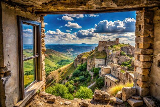 Craco Ghost Town Italy Landscape:  HDR Panoramic View, Southern Italy Ruins, Landslide Devastation, Countryside Scenery, Deep Depth of Field Photography