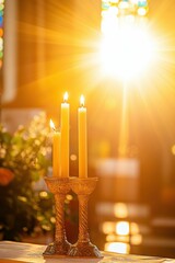 Fototapeta premium Paschal Candle (Osterkerze) 2020 on Altar with Sun Rays Background
