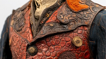 Close up of layered textured brown and blue garment, against white