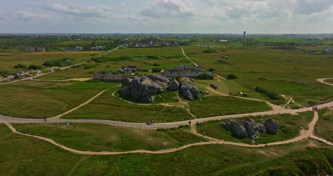 Aerial view of an ancient stone house in the rocks. A mountain village located in the commune of Kerlouan, the Meneham site is located in the heart of the Pagan region, Brittany