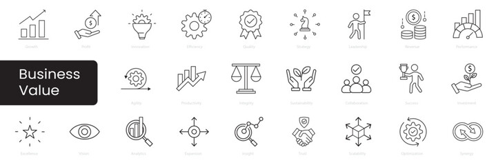 business value icon set. Agility, Synergy, Optimization, Scalability, Trust, Insight, Expansion, Analytics, Vision, Excellence, Investment, Success, Collaboration, 
