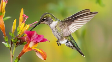 Fototapeta premium A hummingbird hovers near a pink and orange flower.