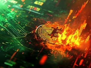 Futuristic Bitcoin in Green and Yellow Flames Crumbling on Financial Screen