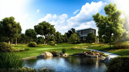 Fototapeta premium Serene Lakeside Golf Course Estate