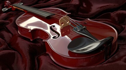 Obraz premium Digital illustration of a violin lying on a dark red satin fabric. the violin is in the center of the image, with its body facing towards the left side of the frame.