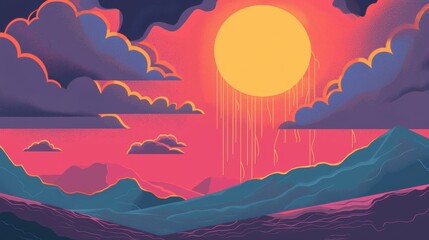 Illustration of a beautiful sunset over a mountain range. the sky is filled with vibrant colors of orange, pink, and purple, with the sun setting in the background.