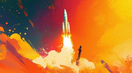 Naklejka premium Abstract stylized rendering of a powerful rocket launch into space