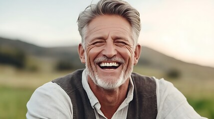Happy Senior Man with Silver Hair Laughing in Nature During Sunset, Showing Joy and Contentment in Outdoor Setting