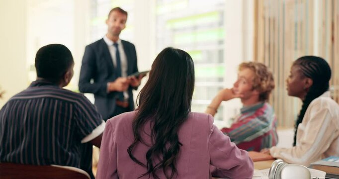 Lecture, question and college with people in classroom for education, speaker and mentor. Learning, knowledge and teacher with University students in school for studying, professor and scholarship