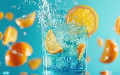 Blue lagoon cocktail with floating citrus slices and splashing blue liquid on neon blue background