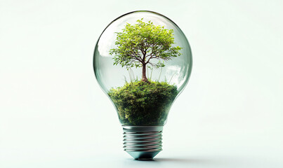 A photorealistic image of a lightbulb with a miniature tree in lush moss, ideal for eco-friendly campaigns, Earth Day events, and green energy promotions.