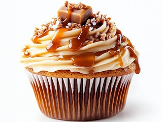 Caramel-topped cupcake on white background