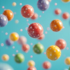 A vibrant composition of colorful candies floating on a turquoise background, selective focus, high detail, soft lighting, ultraHD, 8K